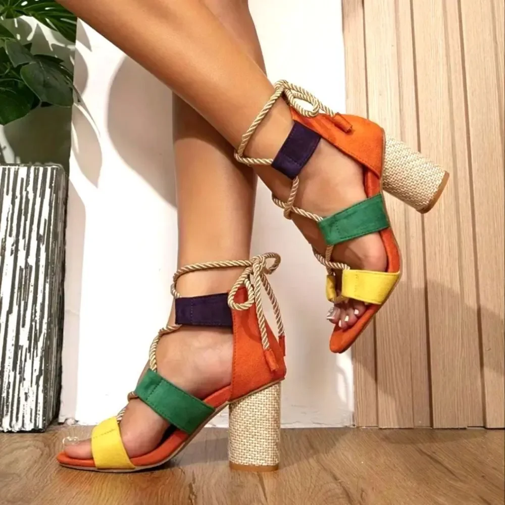 Women's Boho colorful open toe heels sz 8.5